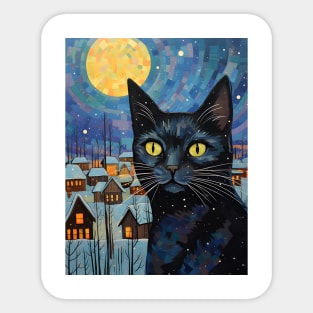 Black Cat Christmas Starry Night Sticker